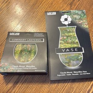 Modgy vase and luminary lantern, both in Monet waterlilies pattern